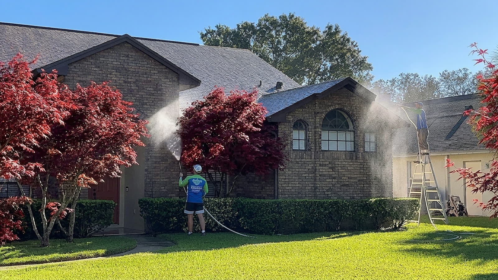 Two SoftWash Systems technicians soft washing the brick exterior and roof of a home at low pressure